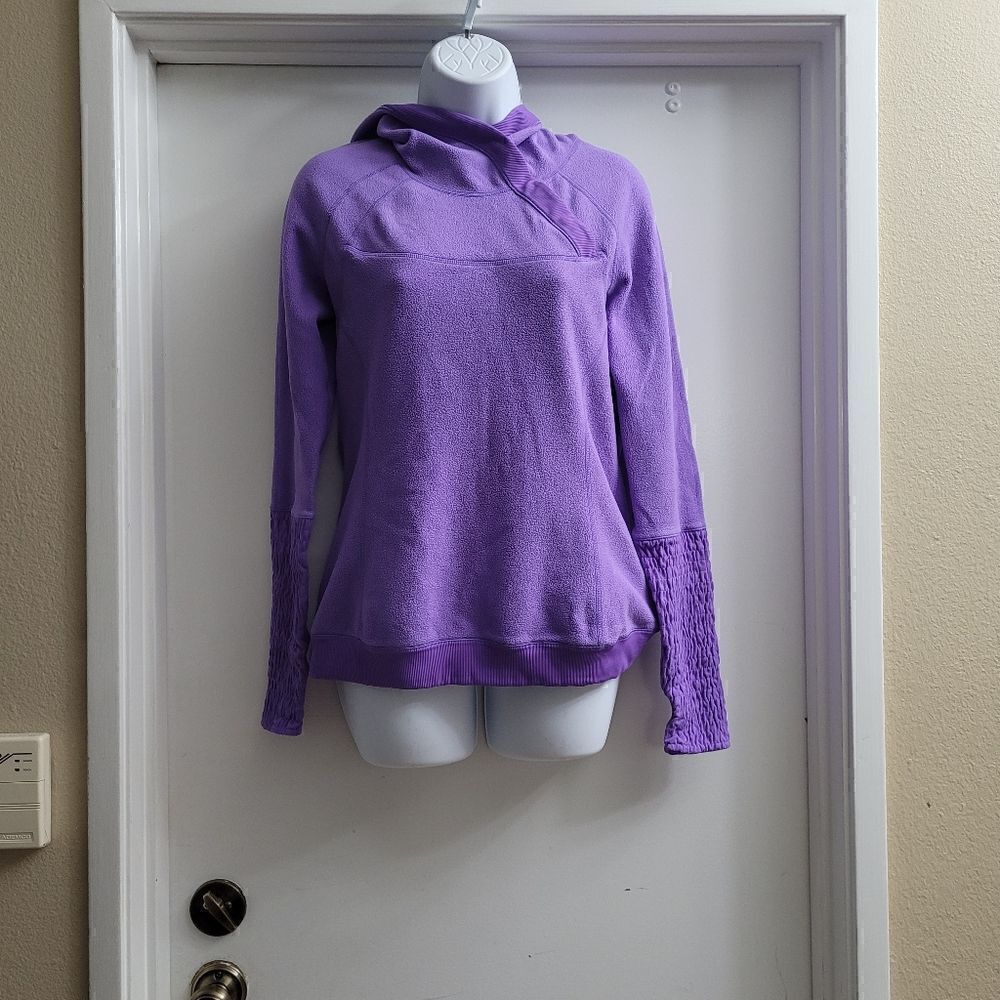 Lululemon purple fleece hooded sweatshirt with ruched arms and thumb holes